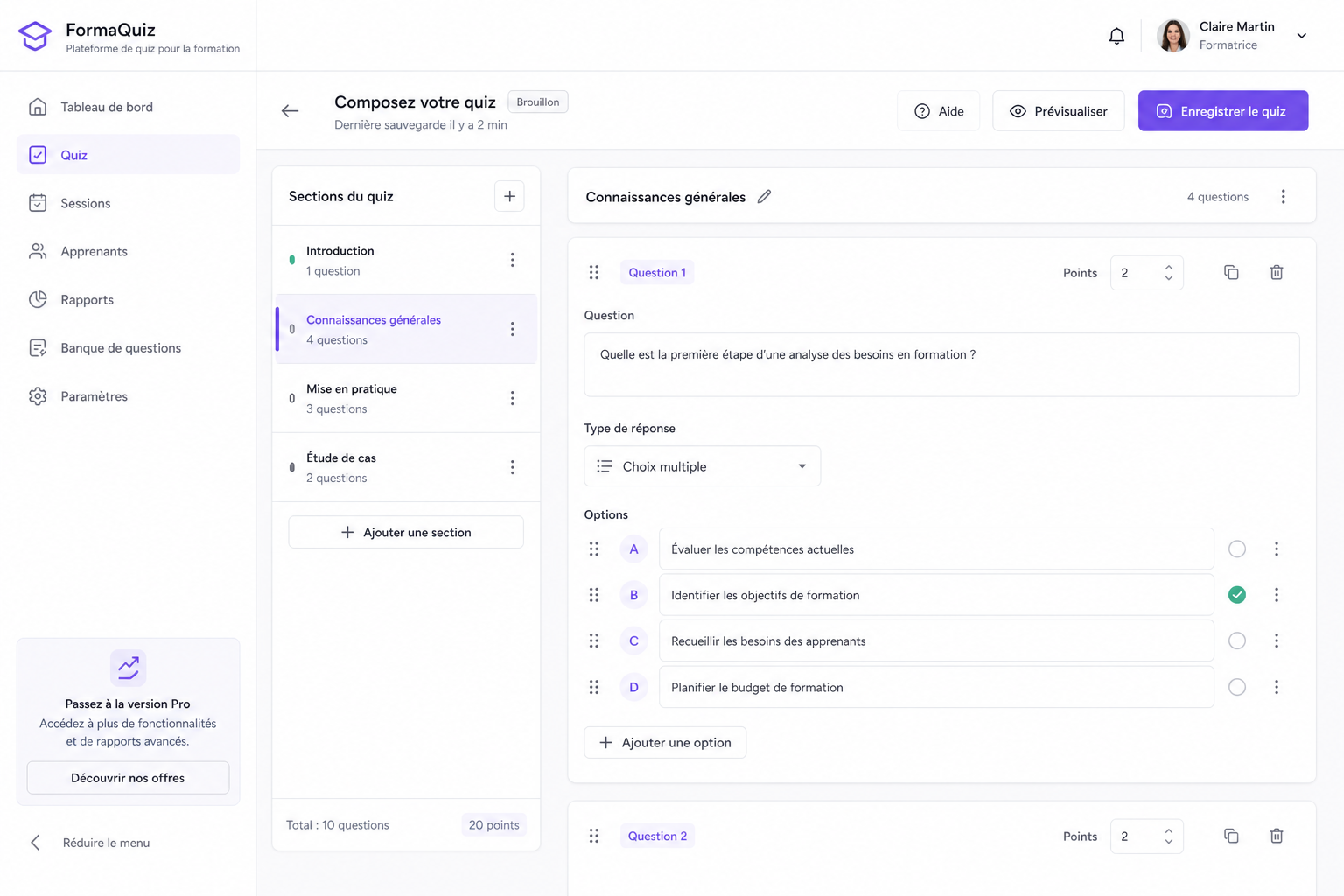 Vue d'ensemble du constructeur de quiz Admixom